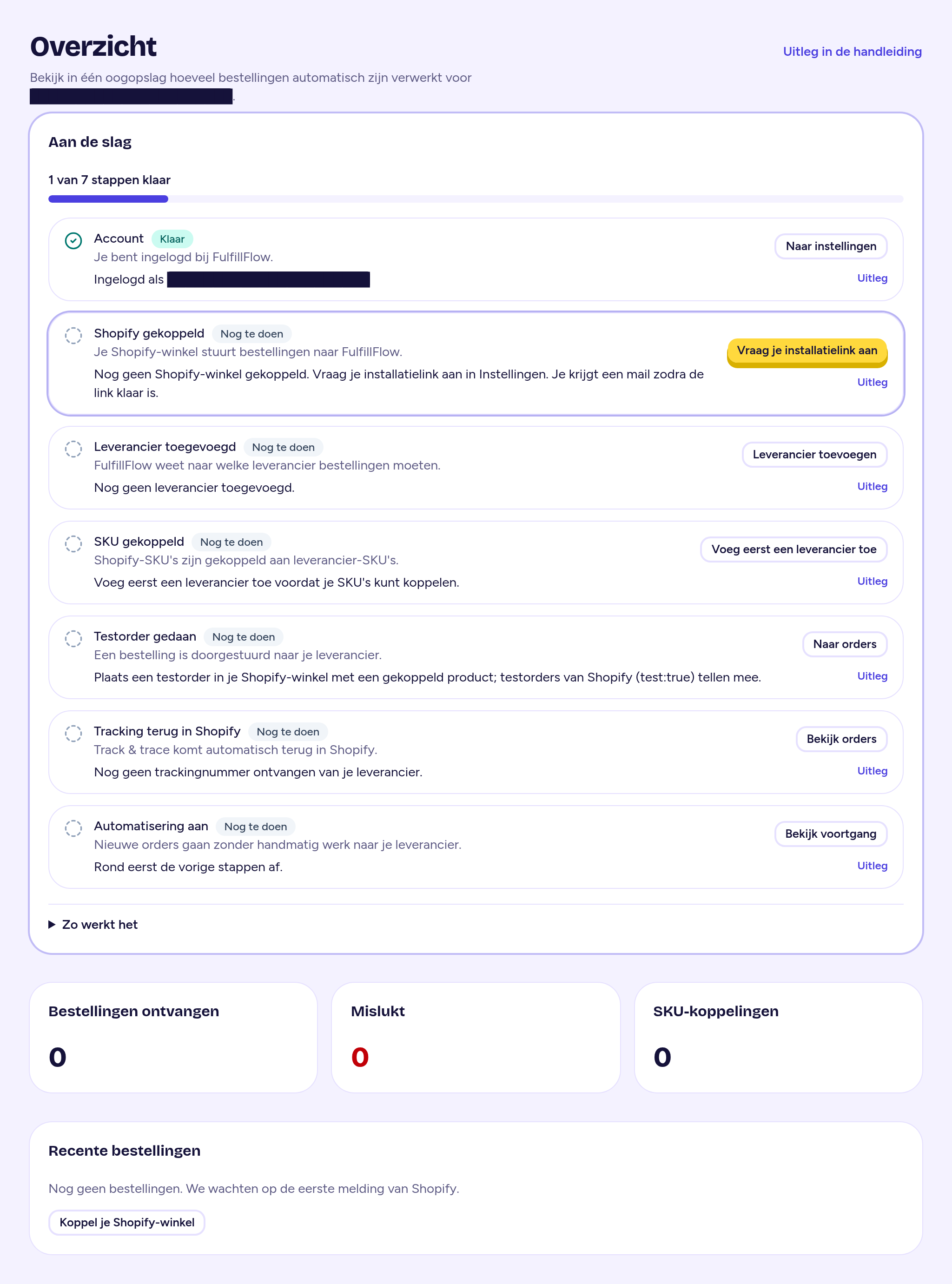 Overzicht in de FulfillFlow-app zonder gekoppelde winkel: checklist Aan de slag (1 van 7 stappen klaar), drie tellers op 0 en Recente bestellingen met de tekst Nog geen bestellingen.